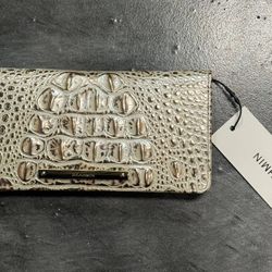NWT BRAHMIN ADY BEIGE LIGHT TAN LINEN NEUTRAL LEATHER SLIM WALLET