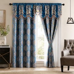 Blue Jacquard Curtain Set with Valance