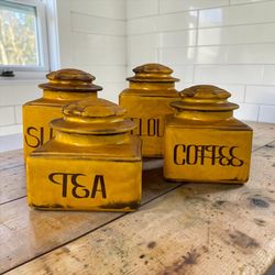Vintage 1970s Mustard Drip Glaze Ceramic Canister Set Flour Sugar Coffee Tea