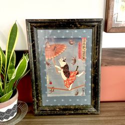 Japanese Cat on the High Wire Umbrella Mice Rat Tattoo Style Canvas Print Framed