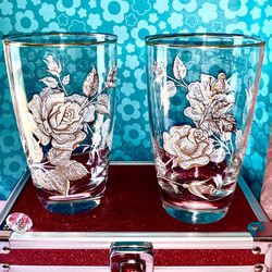 Set Of 2 “Rose Bouquet” Handblown Glass Tumblers