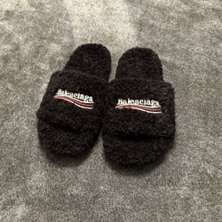 Black Balenciaga Fur Slides 