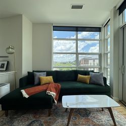 Green Velvet Sectional Sofa – Like New (Bought May 2025) + Free Pillows & Decor