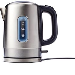 NEW.      Amazon Basics Electric Stainless Steel Kettle for Tea and Coffee, BPA-Free, Fast Boiling, Auto Shut-Off, 1.1 Quarts, 1500W, Black and Silver