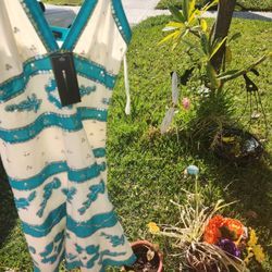 BCBG Blue White Sequin Midi Dress Size 4