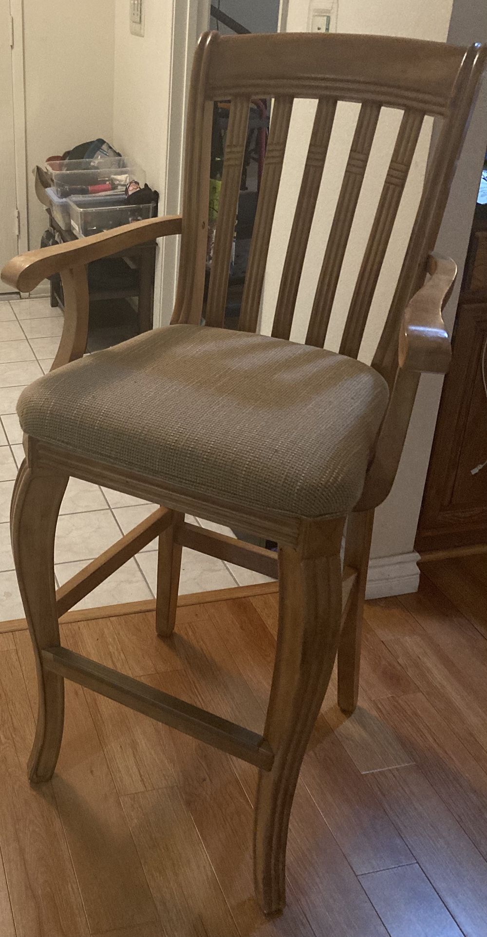 Wooden Bar Stool with Back, Arms, and Cushion