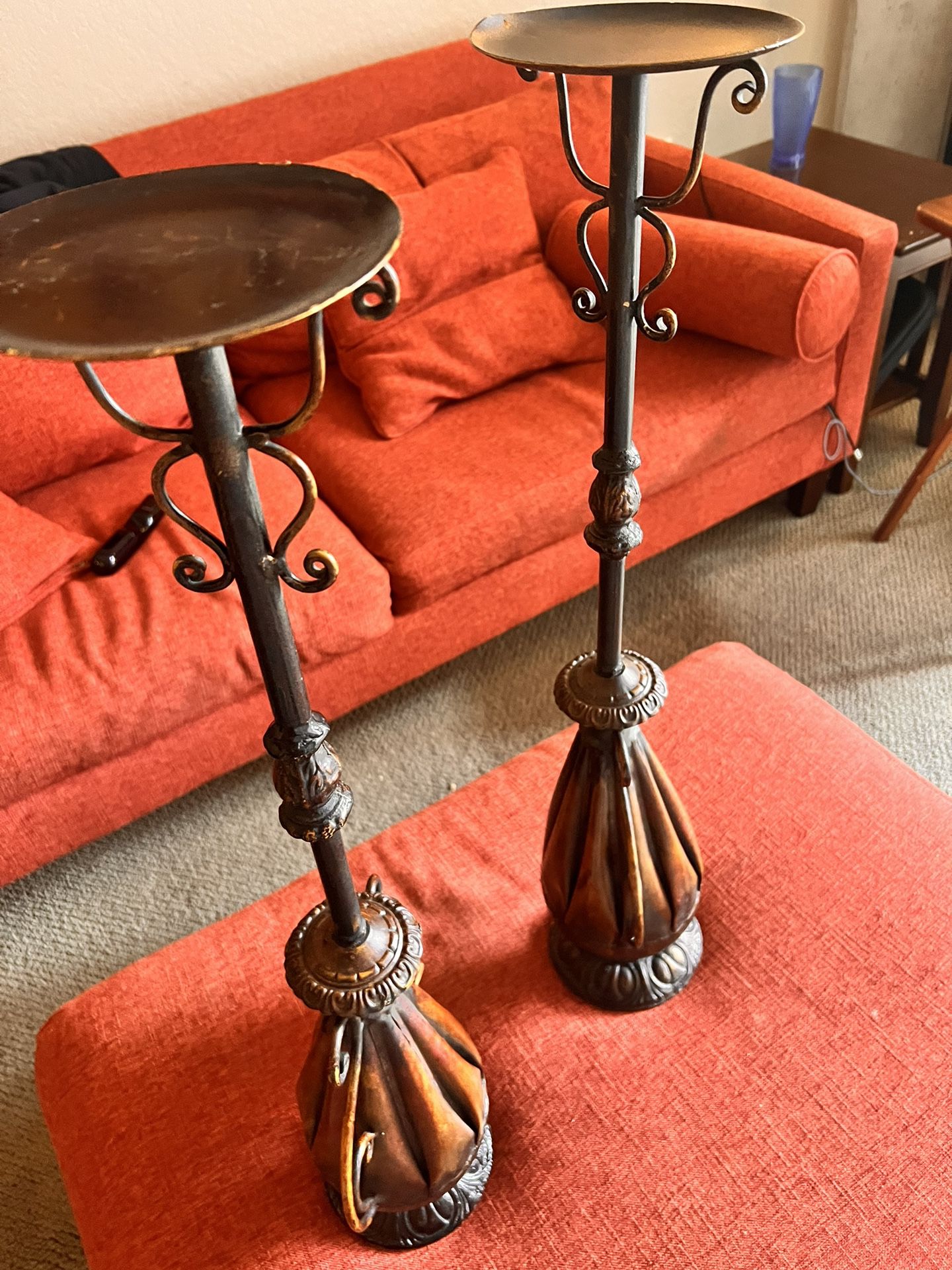 2 Rustic Aged Brown Metal Candle Holders 