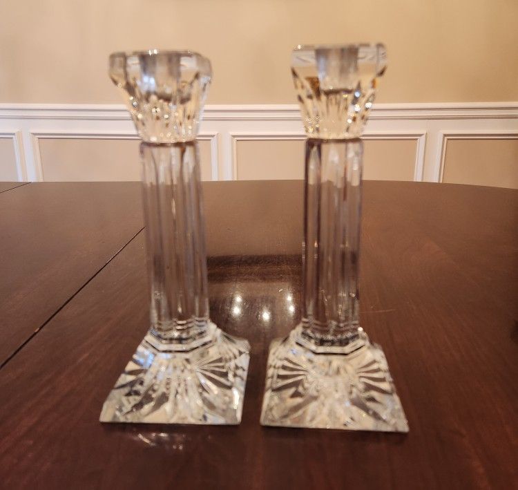 Set Of 2 Waterford Clear Crystal 8 Inch Column Candlesticks
