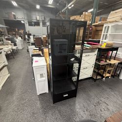 67" Display Cabinet with Glass Doors and 1 Drawer | Black RGB LED Lights, Pop-Up Glass Doors, Adjustable Shelves, Anti-Tip Design