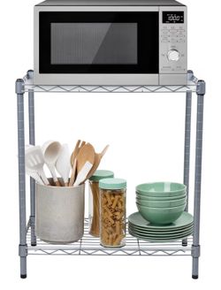 Countertop Microwave Shelf, Metal Kitchen Storage Rack for Small Appliances, Mugs, and Kitchen Essentials, Silver