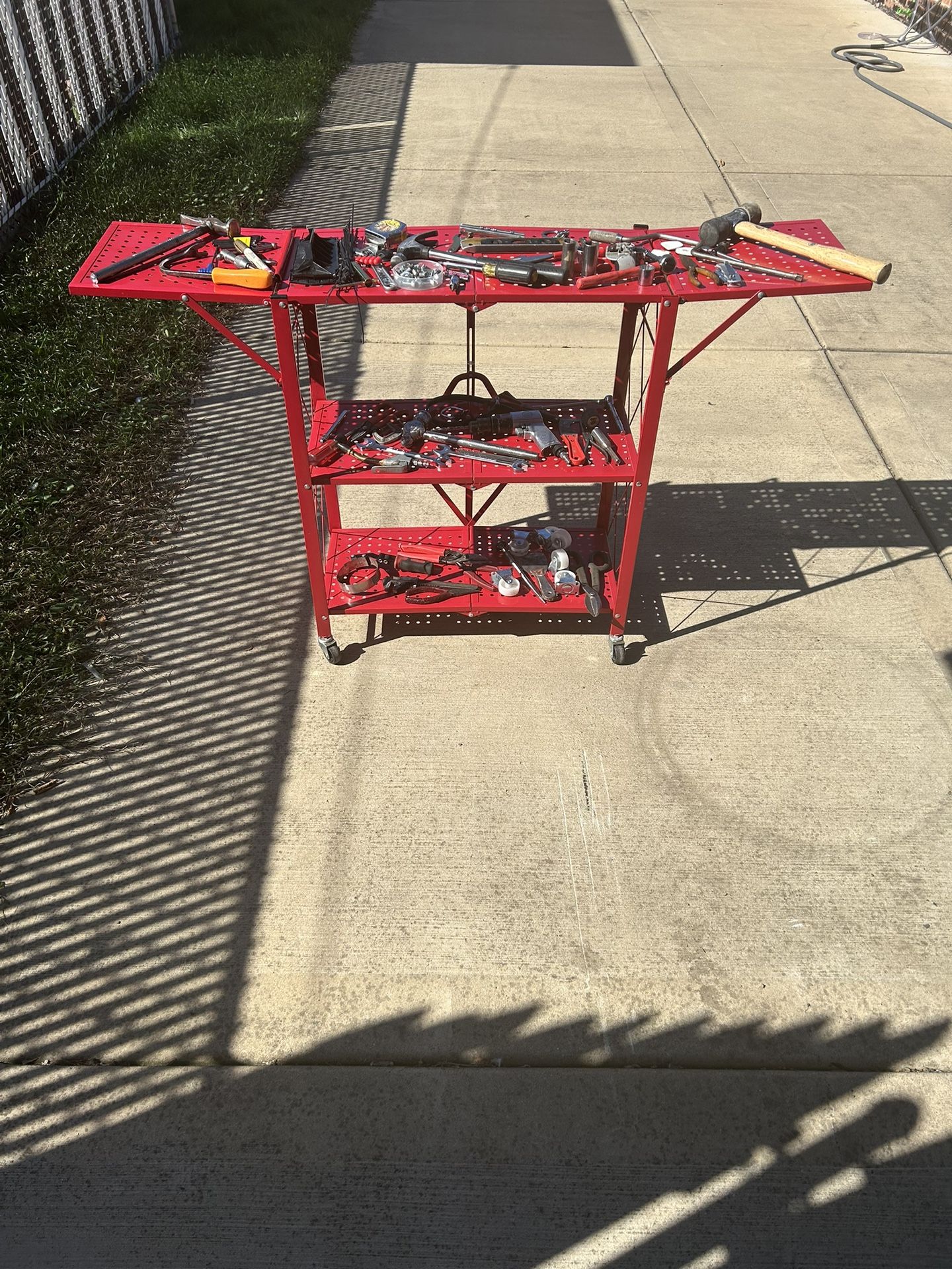 Rolling Red Tool Cart with Mixed Lot of Hand & Air Tools