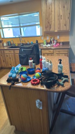 Doggy backpack with shampoo, conditioners, deodorant, and gel for doodles, multiple collars, leash toys, a set of booties