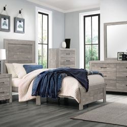Brand Nee Rustic Gray Twin Bedframe + Dresser + Mirror + Nighstand 4PCs Set