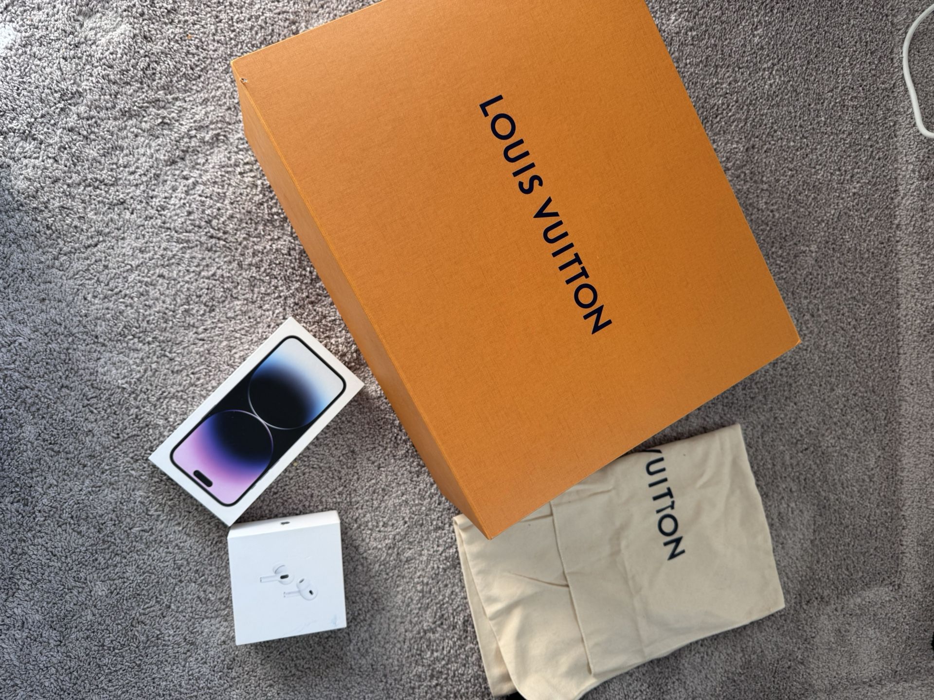 Empty Boxes: iPhone 14 Pro, AirPods with Charging Cable, and Louis Vuitton Box