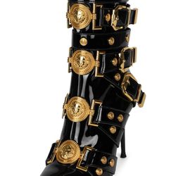 Scrappy buckled mid-calf Stiletto boot with gold buckles