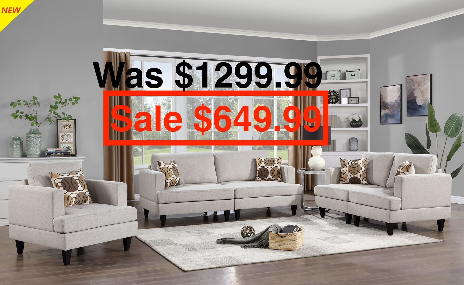 Huntington 3 Pieces Living Room Sofa Set - Beige