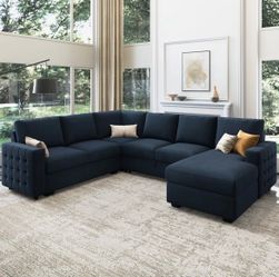Blue Chasidi U-Shaped Sectional Sofa Bed Sofa Sleeper Couch With Storage Chaise
