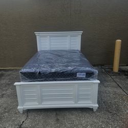 White Full Size Solid Wood Bed Frame Hilton With Brand New Full Size Plush Beautyrest Mattress And Box Spring In Plastic 