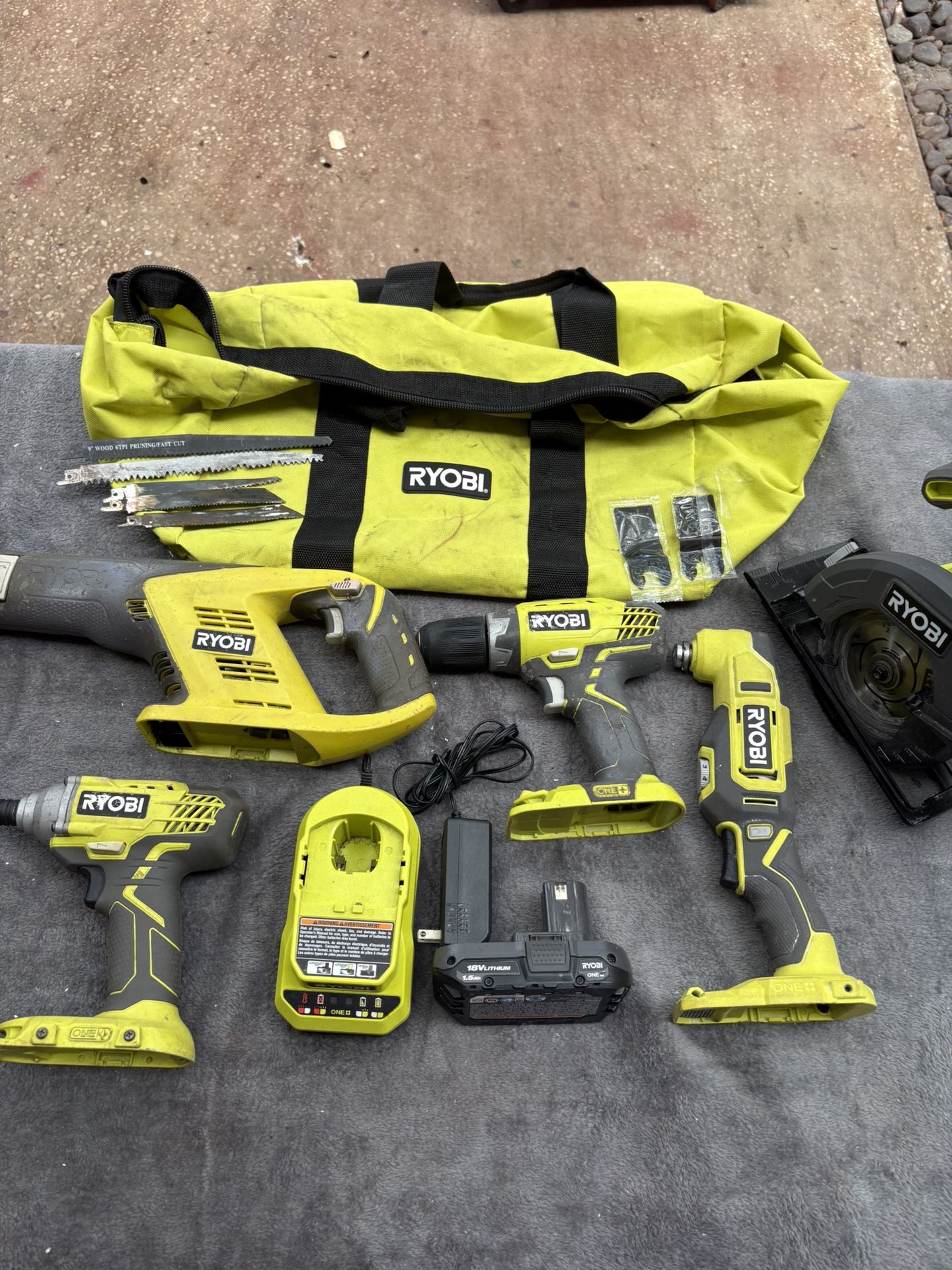 RYOBI 18V One+ Lithium Ion 6-Tool Combo Kit with 1.5 Ah Battery and Charger-Clean, Recip Saw And Multitool Blades, Canvas Bag