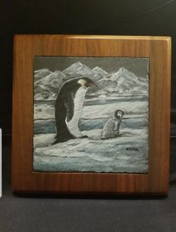 Original Oil Painting Mother And Baby Penguins On Slate Framed In Wood.  8×8" $125
