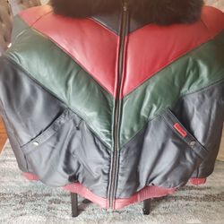 Goose Country Leather Bomber. Red, Green, Black