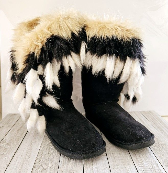 Size 6 Black Faux Suede Mid Calf Faux Fur Edged Warm Winter Fuzzy Women's Rubber Soled Boots Slip On Shoes with Faux Fur White, Brown, Tan Dangles