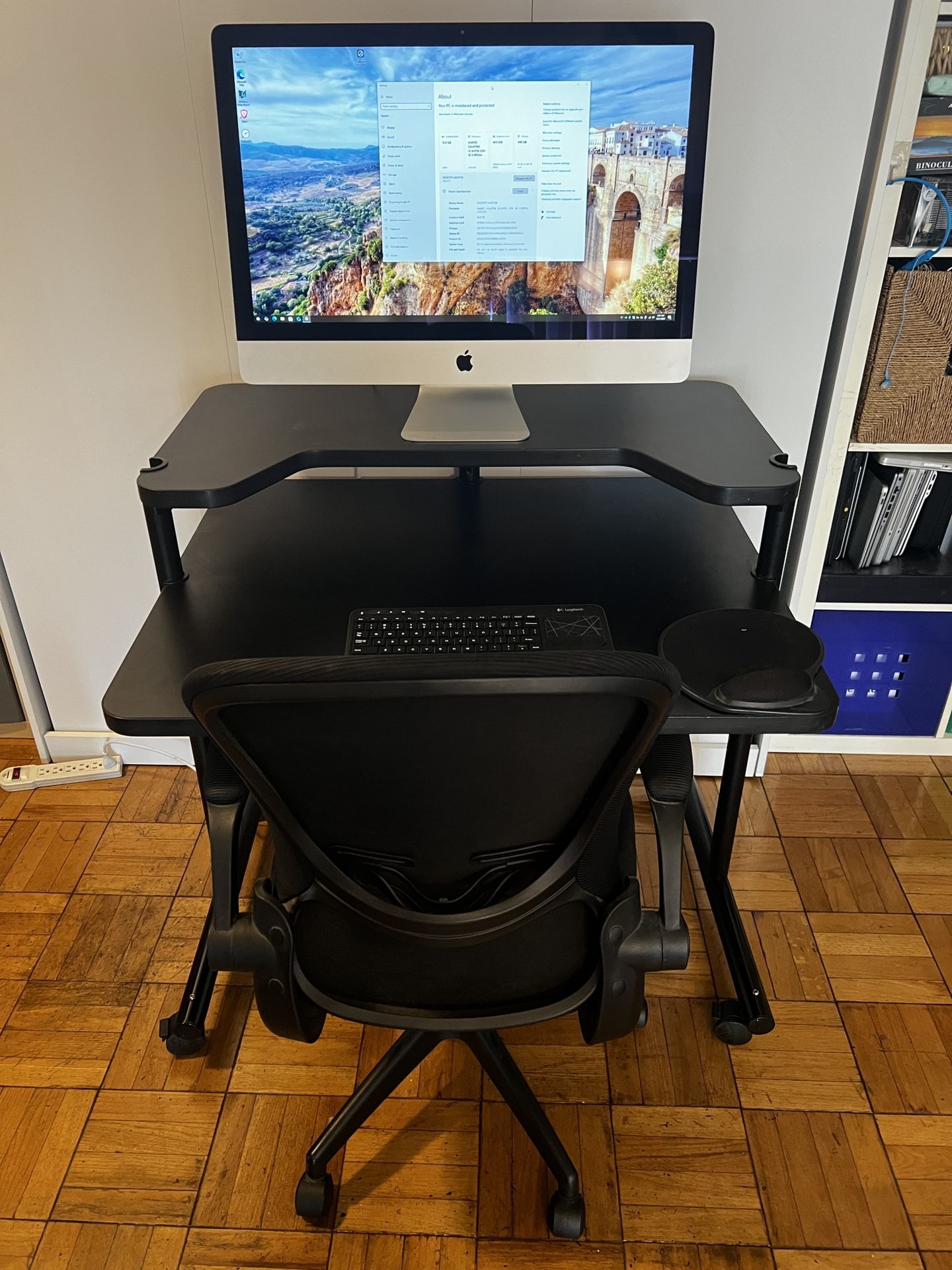 Anthro Rolling Computer Desk, iMac 27 Inch, Ergonomic Office Chair, Logitech K400