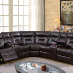 Brand New Dark Brown Gel Leatherette Recliners Sectional Sofa Built-in Console 