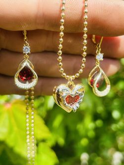 Women’s Jewelry Set 14k Gold Plated Earrings & Necklace Garnet & CZ Message In A Bottle