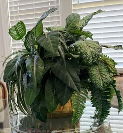 Large Artificial Mixed Foliage Arrangement in Gold toned Planter