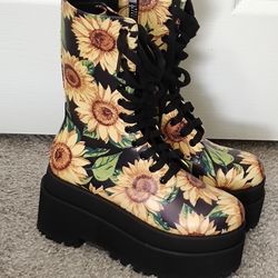 Dollskill Current Mood Petal To The Metal Sunflower Platform Combat Boots