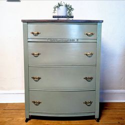Vintage Two Tone Highboy Dresser - Sage Green with Dark Walnut Top