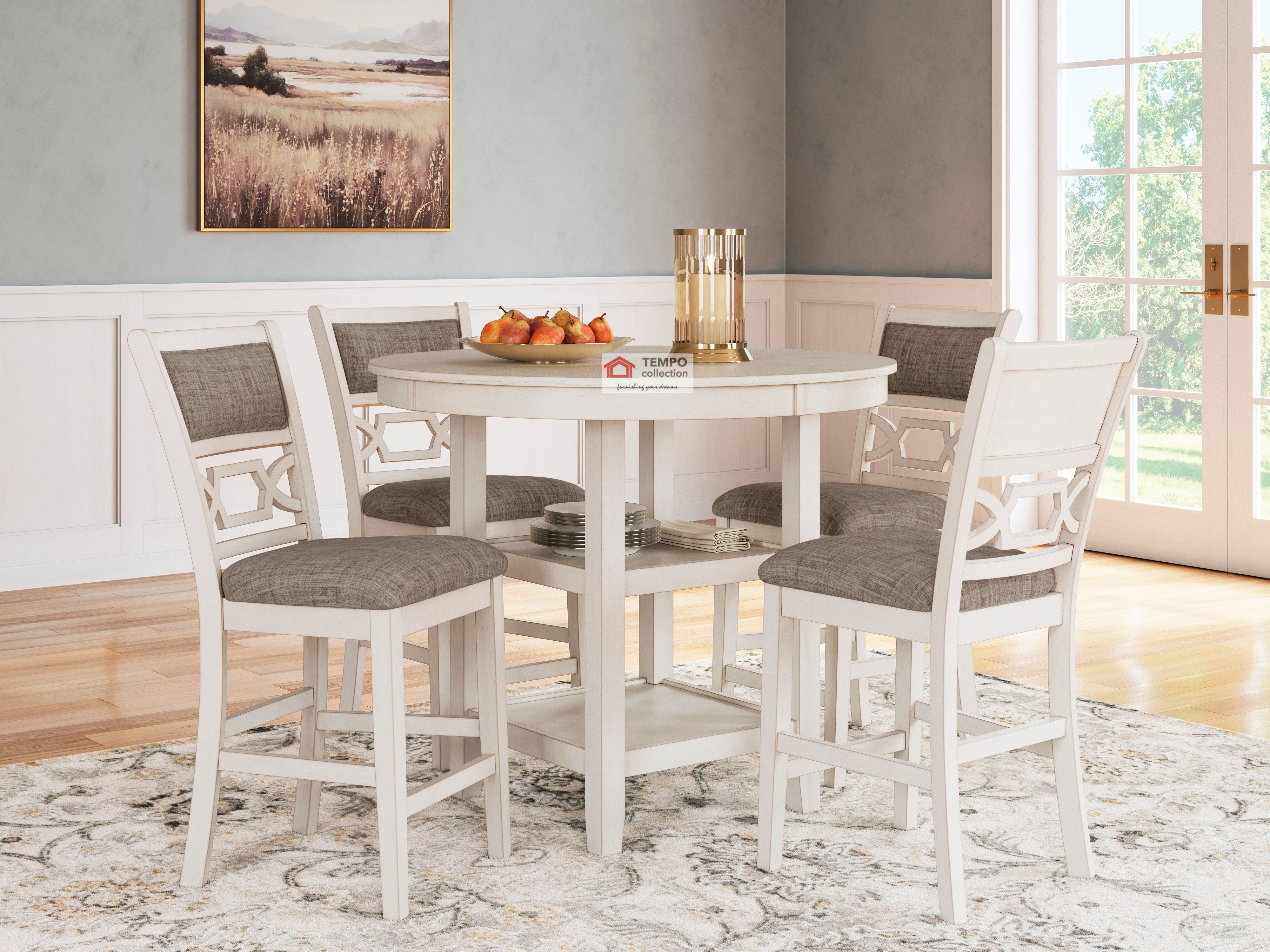 Dining Table SET 5 PC COUNTER HEIGHT BROWN, ANTIQUE WHITE and GRAY