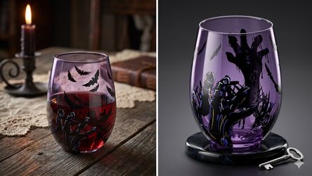 Halloween Purple Stemless Wine Glasses Set of 2 – Haunted Hand & Bat Design