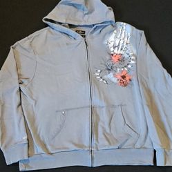 Marc Ecko Hoodie Mena XL Teal Green Cut and Sew Full Zip Skeleton Hands