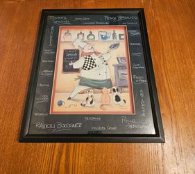 Italian Chef Kitchen Decor Set and PlatterWhimsical kitchen decor set includes two framed prints, two 3D metal wall hangings, and one large oval ceram