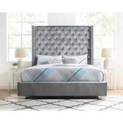 Brand new queen size bed frame.  CLOSEOUT deal. Mattress sold separate   Gray velvet