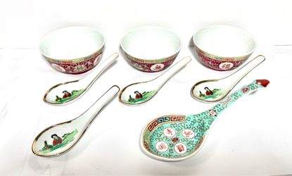 Vintage Collectible Porcelain Soup Bowls & Spoons - 8 pieces