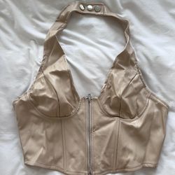 Cream Faux Leather Halter Top