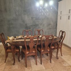 Solid Wood Dining Table + 6 Chairs w/ Leather Seats & Leaf