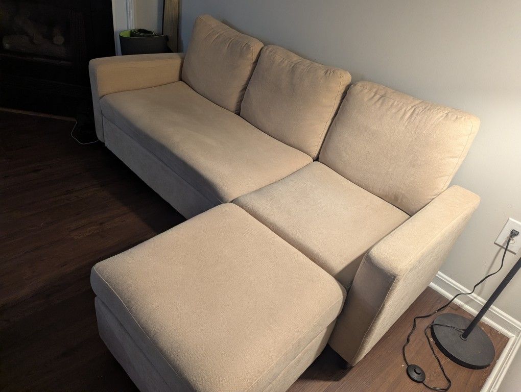 L Shaped Beige Couch with Linen Fabric with 3 Pillows