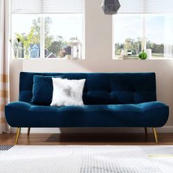 71" Sleeper Sofa Bed Velvet Upholstered Convertible Couch in Deep Blue