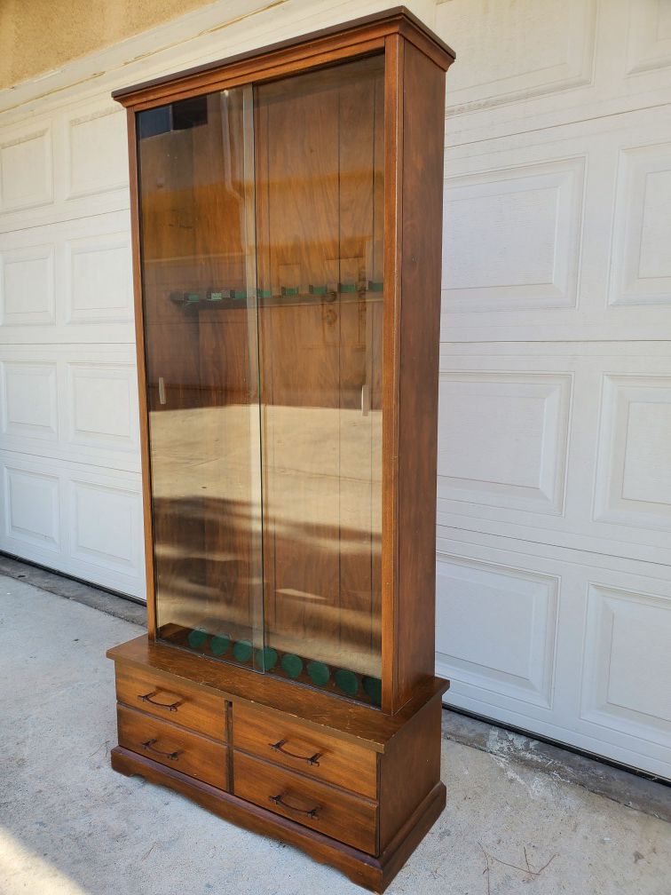 Vintage (8) Rifle Cabinet with Drawer & Sliding Glass Doors