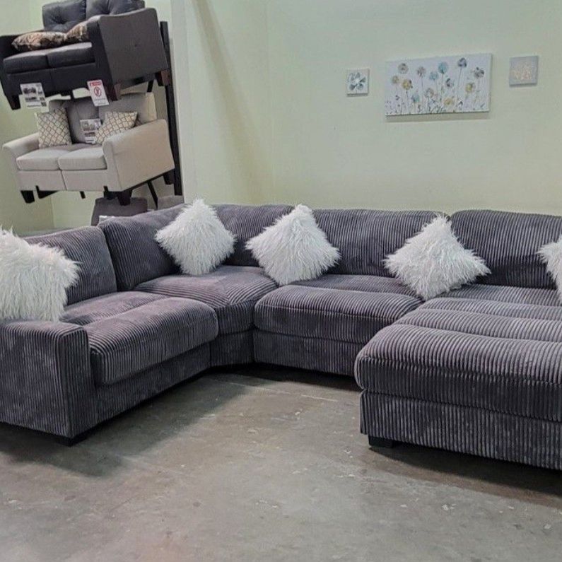 ✅️✅️ 4 pc grey wide welt cordury fabric upholstered modular sectional sofa with chaise ✅️