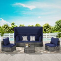 5 Pieces Outdoor Patio Wicker Daybed Furniture Set with Retractable Canopy, Storable Side Table, and Soft Cushions for Relaxing in Your Backyard or Po