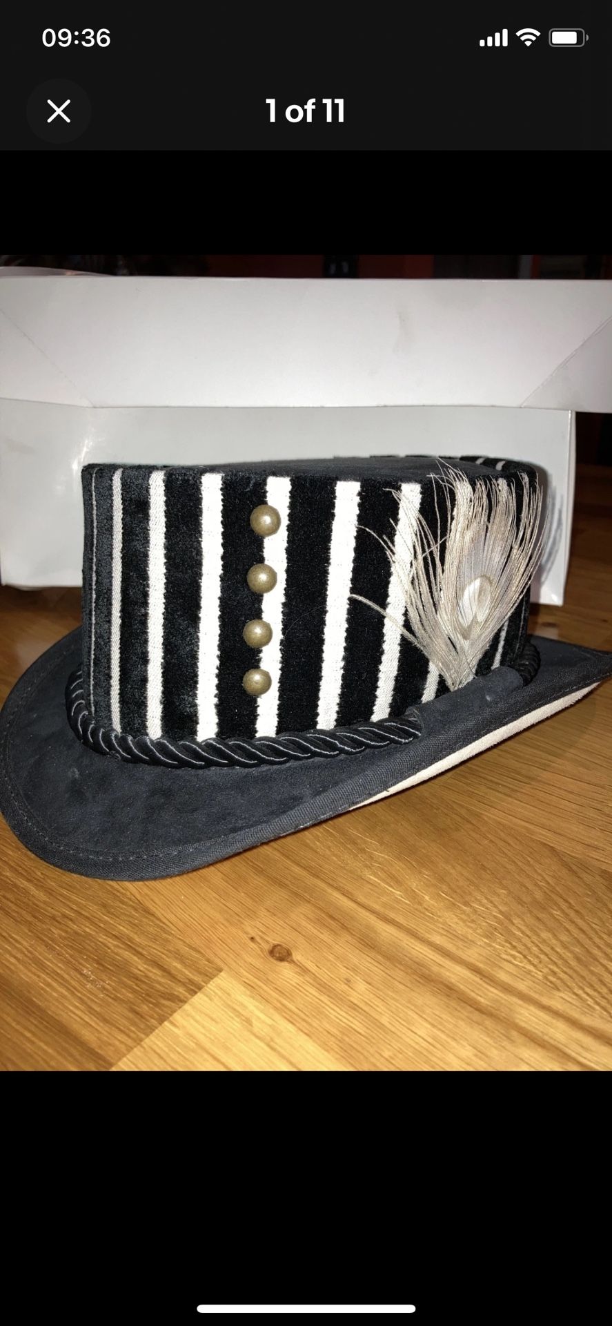 head n home steampunk hatter julep black white stripe rope rivets feather M