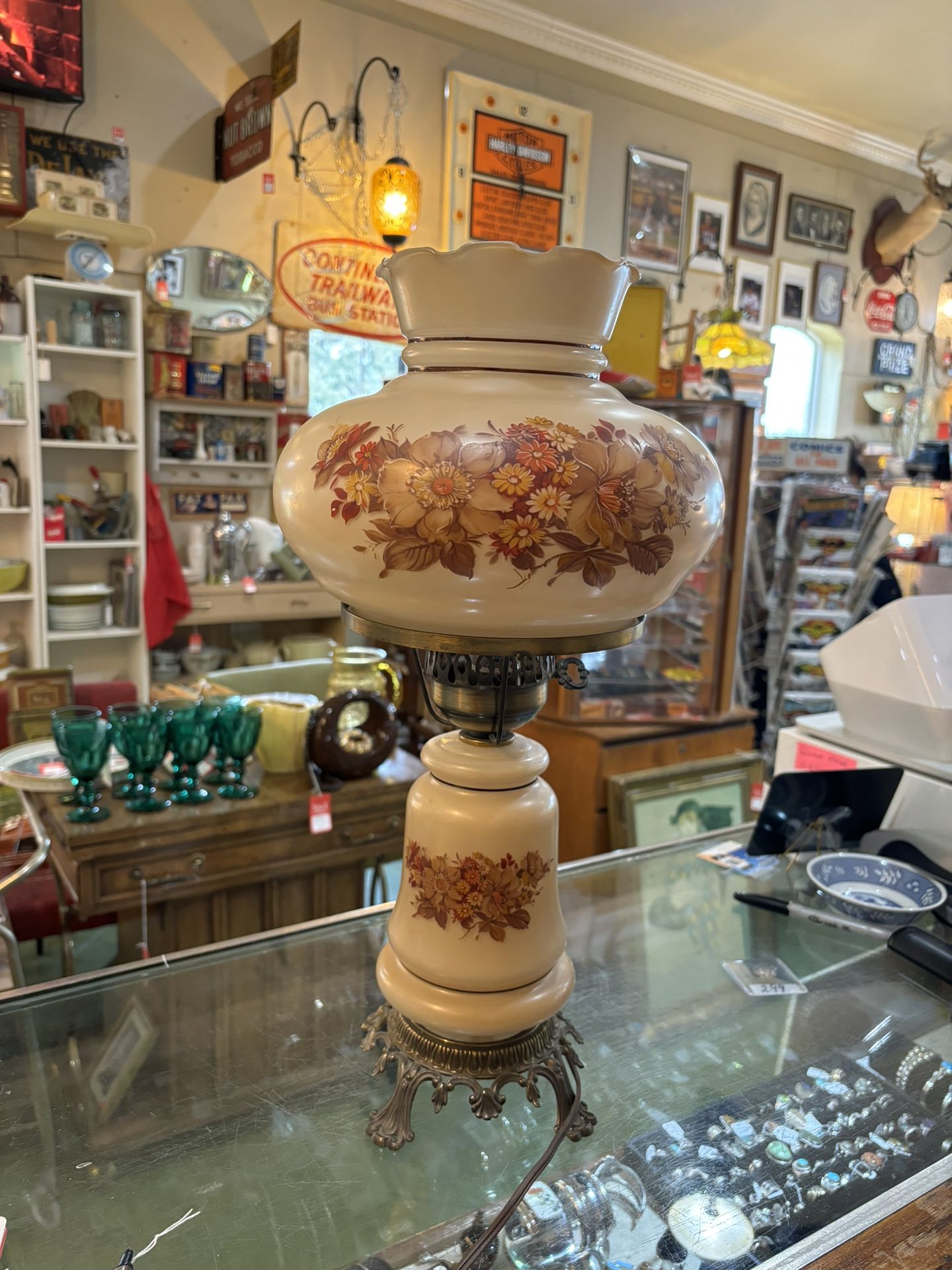 11x20 inches 3 way beige floral hurricane farmhouse lamp. 85.00.  Johanna at Antiques and More. Located at 316b Main Street Buda. Antiques vintage ret