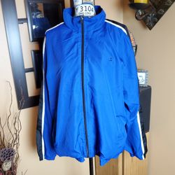 STARTER BLUE WINDBREAKER WITH BLACK & WHITE STRIPED SLEEVES!