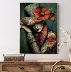 Elegant Woman with Floral Hat, Green & Red Patterned Wall Art 🌺Please Read Description