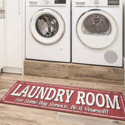 machine washable text design laundry room rug non-slip rubberback 2x5 laundry runner rug for laundry room, bathroom, washroom, 20" x 59", red